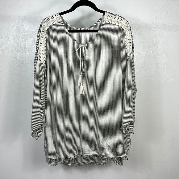 Billabong Striped Boho Distressed Oversized Swim Coverup Top Size L - Picture 1 of 8